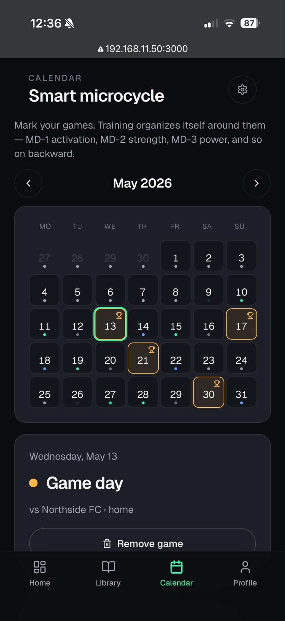 Game-aware calendar with periodized microcycle dots