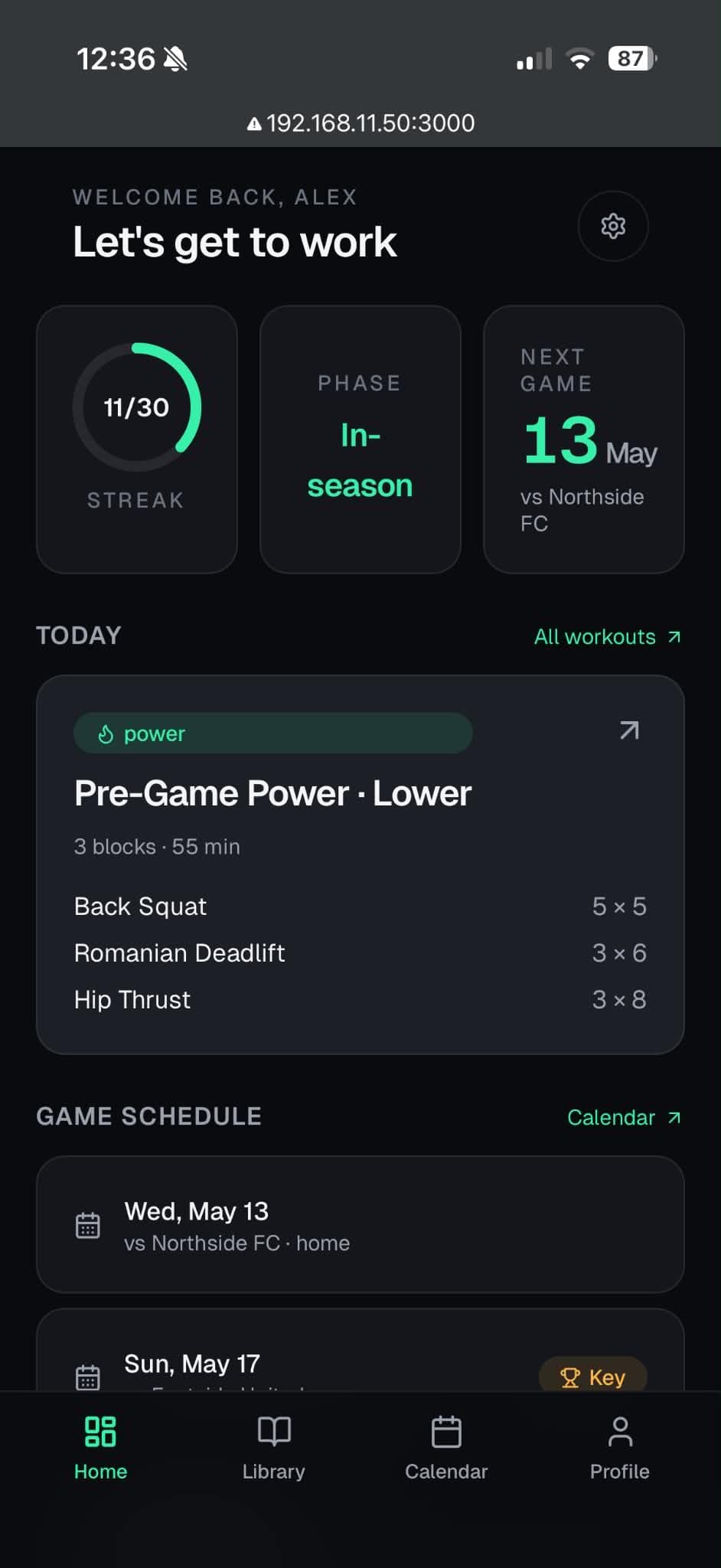 Home dashboard with streak ring, season phase and next game